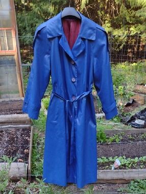 Vintage Blue Satin Women's Trench Coat - Classic Long Belted Jacket